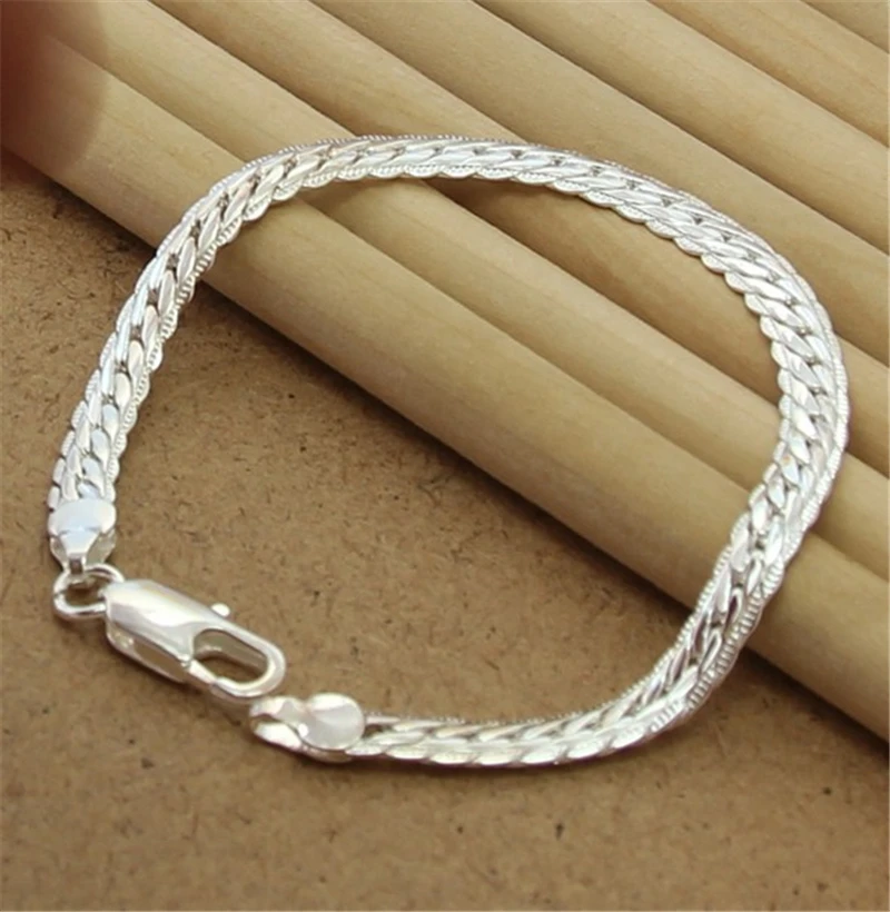 Charmhouse Bracelet Silver 925 5mm Flat Chain Link Bracelets& Bangles Men Women Wristband Pulseira Wedding Jewelry Party Gifts