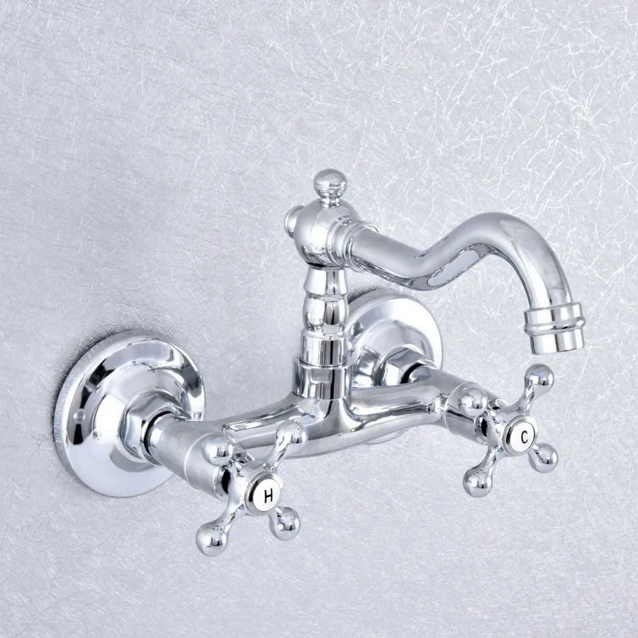 

Polished Chrome Brass Wall Mounted Bathroom Kitchen Sink Faucet Swivel Spout Mixer Tap Double Cross Handles