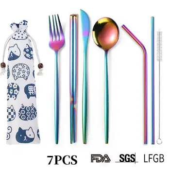 

Luxury tableware stainless steel cutlery set kitchen metal dinnerware set knife fork spoon chopsticks straw dinner set with bag