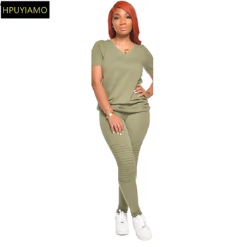 

HPUYIAMO women solid two piece set tank irregular v-neck tee tops pencil long pants suit sweatsuit fashion tracksuit outfit