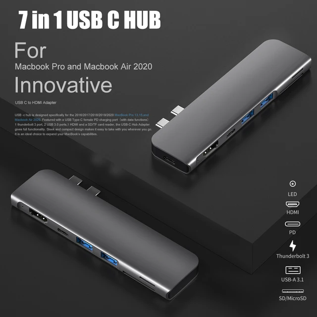 USB 3.1 Type-C Hub To HDMI Adapter 4K Thunderbolt 3 USB C Hub with Hub 3.0 TF SD Reader Slot PD for MacBook Pro/Air 2018 - 2020 4