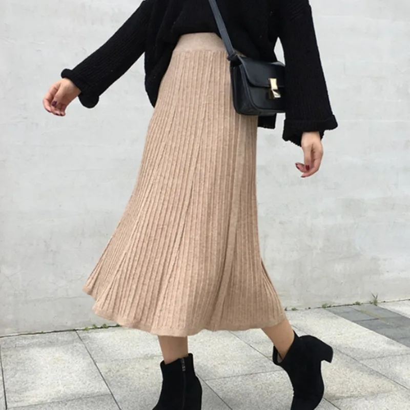 

Vintage Chic High Waist Knit Skirt Women Fashion A-line Skirts 4 Colors 2019 Female Autumn and Winter Long Pleated Skirt