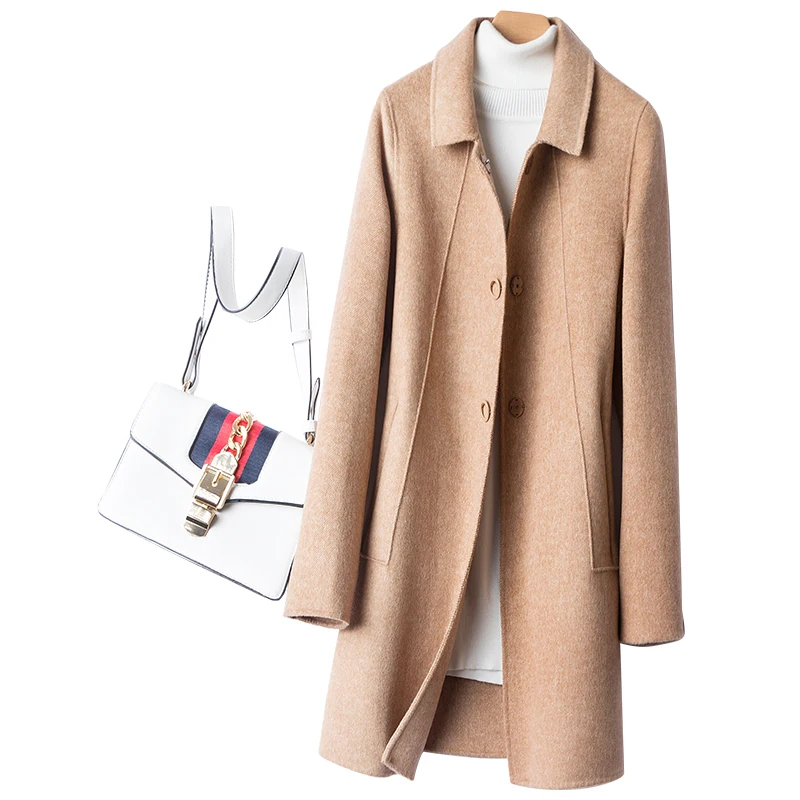 Smpevrg woolen coat women long style double-sided fabric overcoat turn-down collar long sleeve women coat jacket topcoat outwear