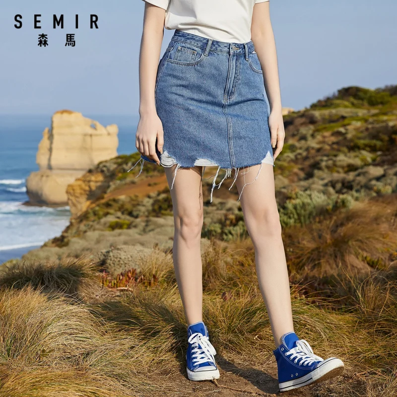 

SEMIR Women denim skirt 2020 summer new trend cut edge hollow personality lace design girl short skirt