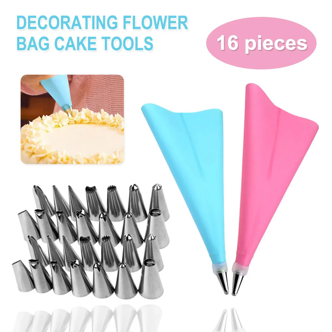 

31cm 16Pcs/Set DIY Length Silicone Ice Piping Cream Pastry Bag Pop Practical Cake Decorating Squeeze Cream Cake Baking Tools Hot