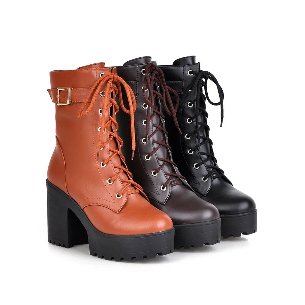 Boots military Women Thick Heel Ankle Boots High Heel Platform Boots Thick Bottom Buckle Lace-Up Boots  Botines Mujer Punk style