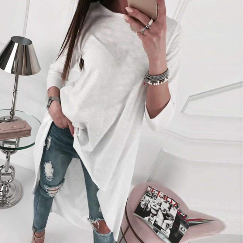 

2019 New Tops Spring Women Asymmetric Hem T Shirt 3 Color Ladies Autumn Casual Long Sleeve Tops Womens Crew Neck Baggy T Shirt