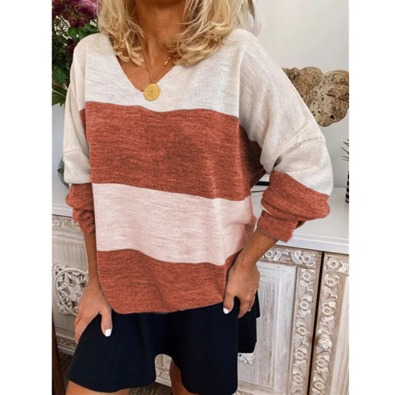 

CINESSD Multicolor Patchwork Striped Tops Tshirt Women V Neck Long Sleeve Plus Size Loose Office Lady Casual Pullover Tee Shirts