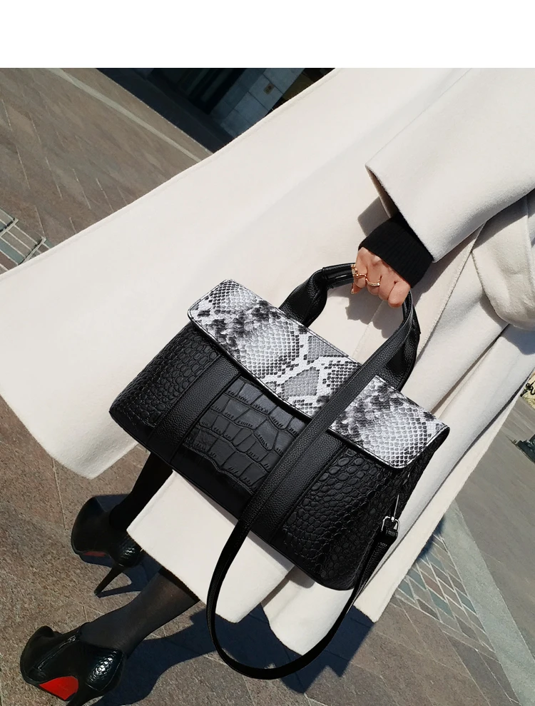 Женская брендовая сумка из натуральной кожи, новая модная сумка-мессенджер с крокодиловым узором, Большая вместительная сумка-тоут, рабочая сумка - Цвет: Snake black