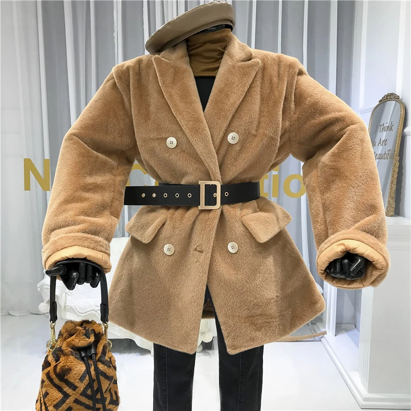 

Faux Fur Womens Coats Winter Double Breasted Turn-down Collar Fashion Slim Fur High Street Wide-waisted Korean Fashion Jacket