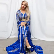 Ярко синие арабские вечерние платья с v образным вырезом и длинным