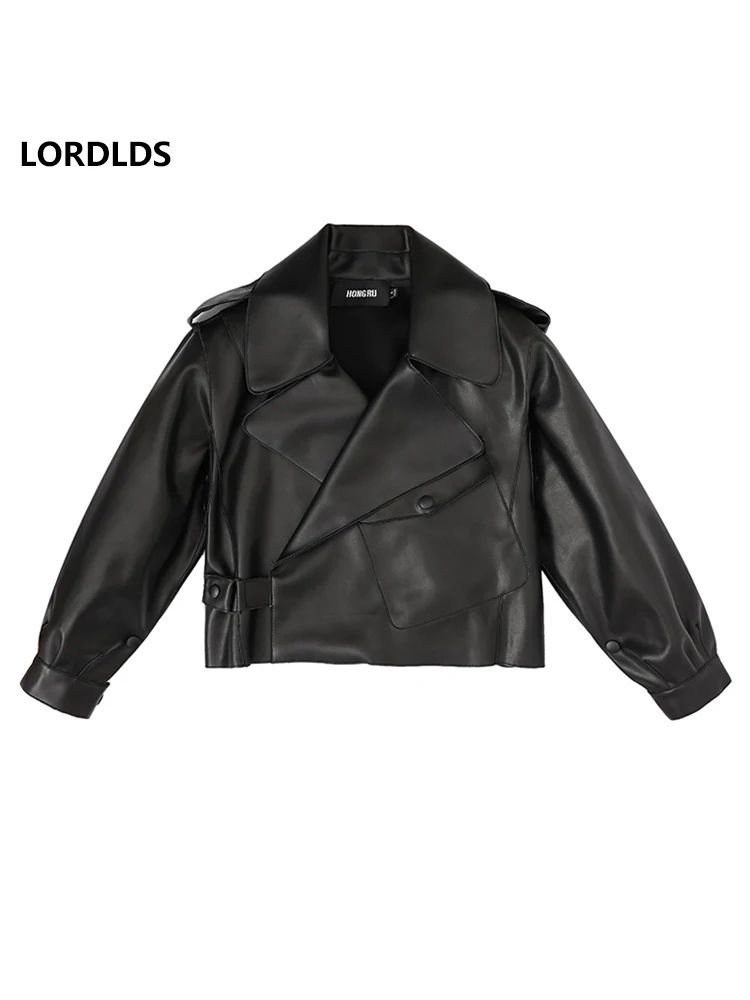 Женская кожаная куртка LORDLDS Короткая свободная с воротником мотоциклетная