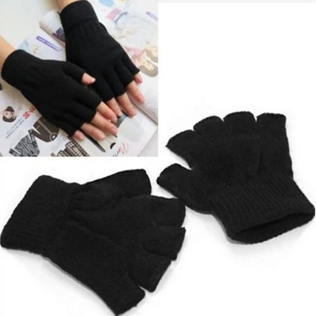 1Pair Black Half Finger Fingerless Gloves For Women And Men Wool Knit Wrist Cotton Gloves Winter Warm Workout Gloves