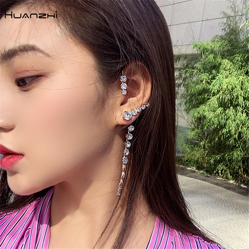 HUANZHI корейский стразами и цирконием СПАР кисточкой вокруг уха дуги серебряный металлический съемный серьги гвоздики для женщин девушек Вечерние
