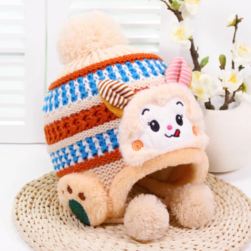 Apricot color Зимняя шапочка для малыша с героями мультфильма, детские наушники для малышей, вязаная шапка s для мальчиков и девочек, Младенческая шапочка, зимняя шапочка для детей, теплые детские шапки - Цвет: Apricot color
