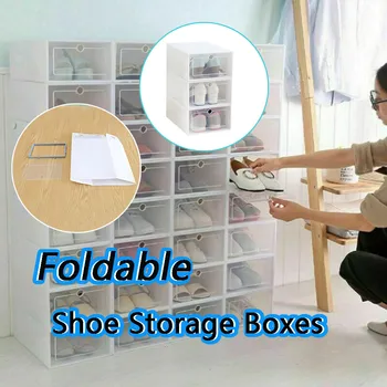 

Space Saving 3PCS Foldable Shoe Storage Boxes Shoe Organizer Transparent Plastic Home Accessories Boots Sandals Containers