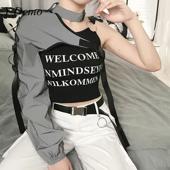 

Harajuku One Sleeve Buckles Women Jacket Casual Reflect Lace Up Outerwear