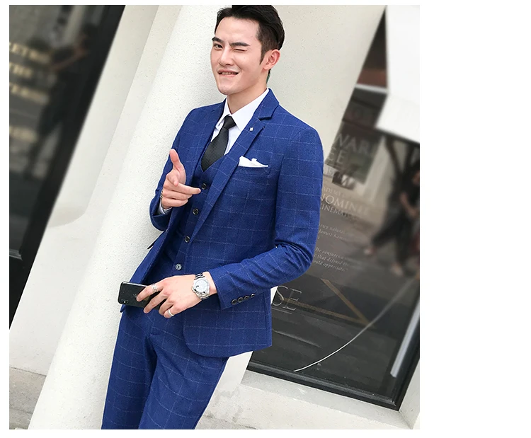 Warm Thick Set Men's Autumn And Winter Plus Size British Plaid Suit Male Korean Version Of The Self-cultivation Three-piece