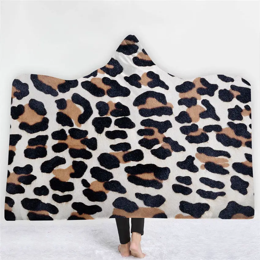 Leopard Wearable Hooded Blanket Winter Thick Soft Warm Sofa Bedding Throw Travel For Adults Kids Cobija Cobertor | Домашний текстиль