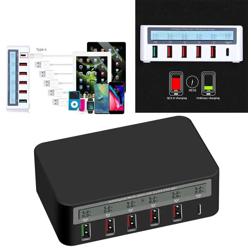 6 портов USB зарядное устройство Быстрая зарядка QC 3,0 SLCD дисплей зарядная станция Док-станция для samsung мобильного телефона+ type-C зарядное устройство концентратор адаптер