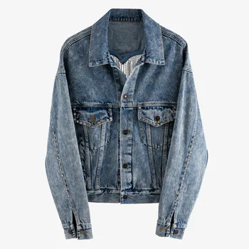 

WOMENGAGA 2020 New Jacket Long-sleeve Denim Hollow Out Tassel Chains Heart-shaped Single-breasted Patchwork Pocket Casual A416