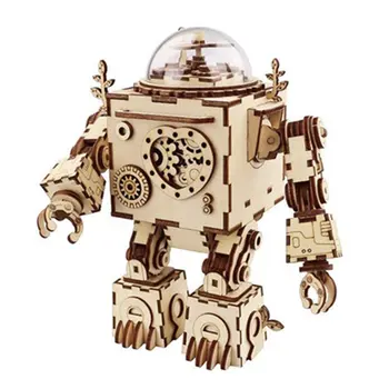 

Robot wooden music box Awake at the beginning of love Wood color AM601 Toy assembly kit DIY steampunk model