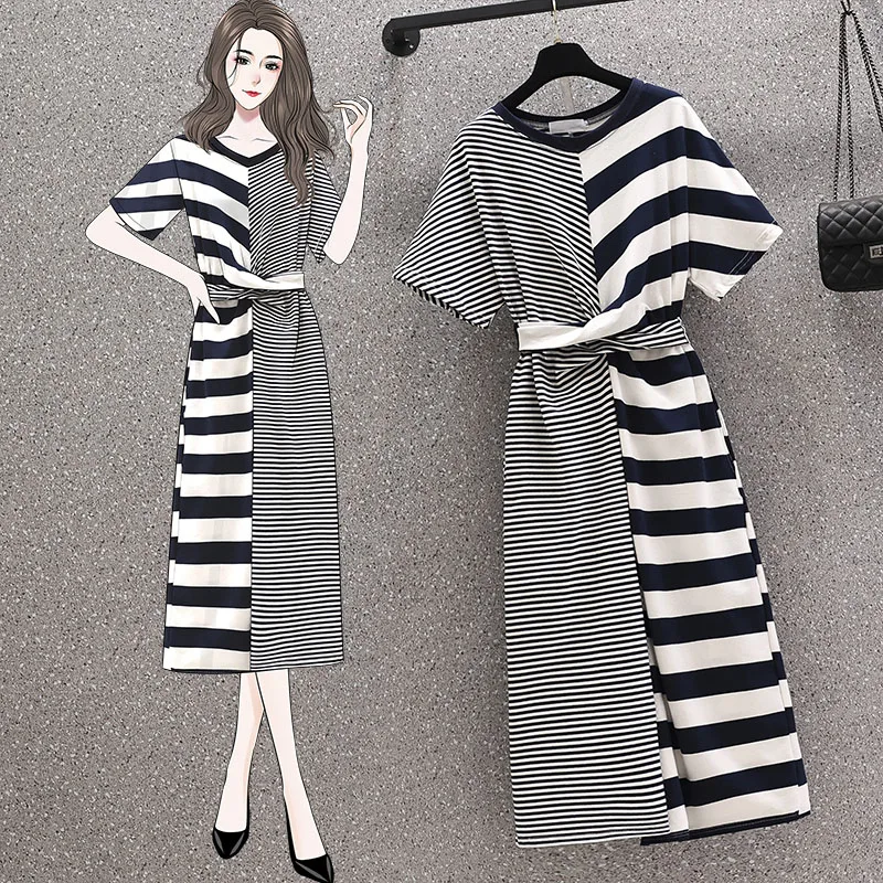 

EHQAXIN Women Patchwork Stripes Long Dress Summer 2021 Short Sleeve Belted Waist Loose Casual Cotton T-Shirt Dresess