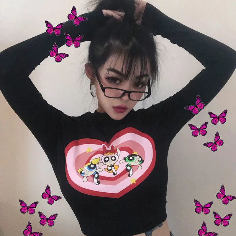 QWEEK аниме принтом Kawaii укороченная футболка с круглым вырезом кроп сексуальная