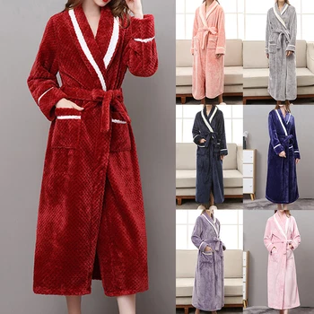 

Women Men Extra Long Warm Dobby Coral Fleece Bathrobe Winter Thick Flannel Thermal Bath Robe Kimono Dressing Gown Peignoir