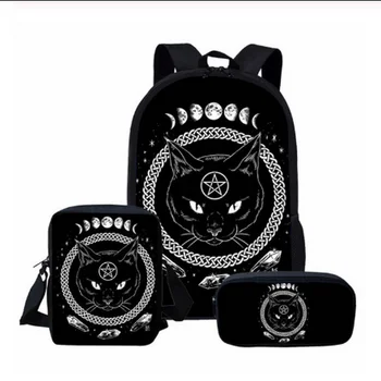 

3Pcs/Set School Book Bag Large Capacity Schoolbag for Teenager Girls Boys Black Cat Print Children Backpack 16inch