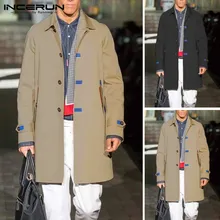 INCERUN, однотонный Тренч, мужская мода, лацканы, длинный рукав, повседневные куртки, тренд, Джокер, Мужская однобортная ветровка, уличная одежда