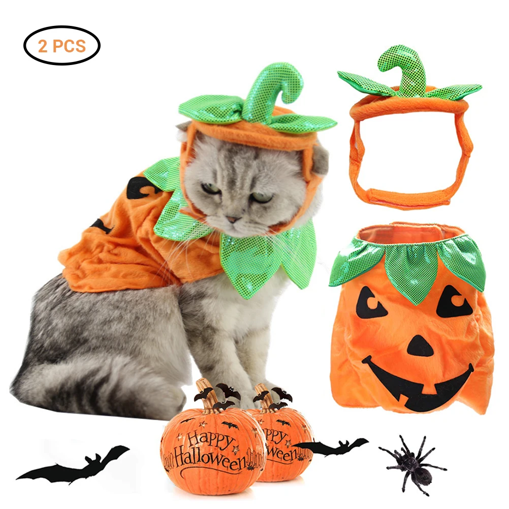 Одежда с изображением тыквы, кошки, Забавный костюм для хеллоуина с головным убором, одежда для кошек, одежда для Хэллоуина, наряды