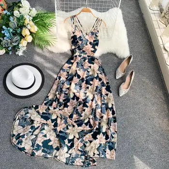 

Bohemian Holiday Dress Cross Sling Backless Flower Printted Seaside Swing Long Dress Hot Sale 2020 Summer New Women Dress