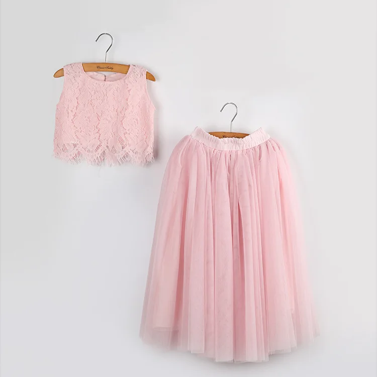 

2020 Spring Summer Set Clothing for Girls Sleevess Lace Top+Champagne Pink Long Tulle Skirt Kids Clothes 2-8T