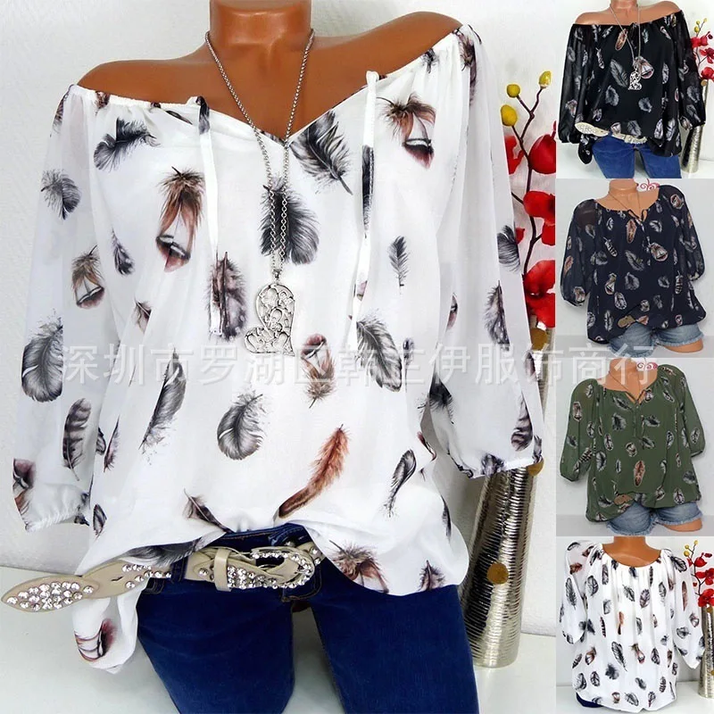 

High-quality plus size women's chiffon shirt spring new tops slash nech collar five-point sleeve feather print women blouse 5XL