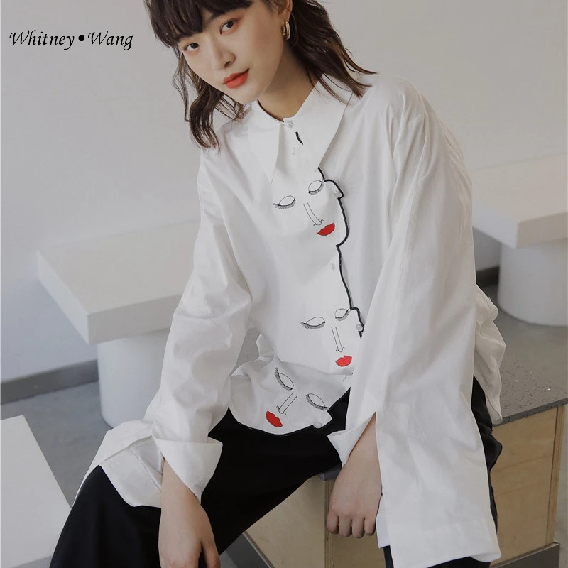WHITNEY WANG блузки 2020 Весенняя мода уличная одежда персонаж вышивка блузка для женщин