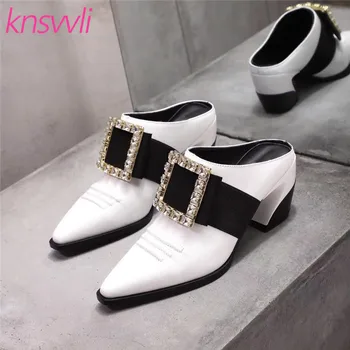 

Crystal Square Buckle Mules High Heels Woman Slippers Leather Slides Ladies Pointed Toe Zapatos De Mujer Hoof Heel Shoes Woman