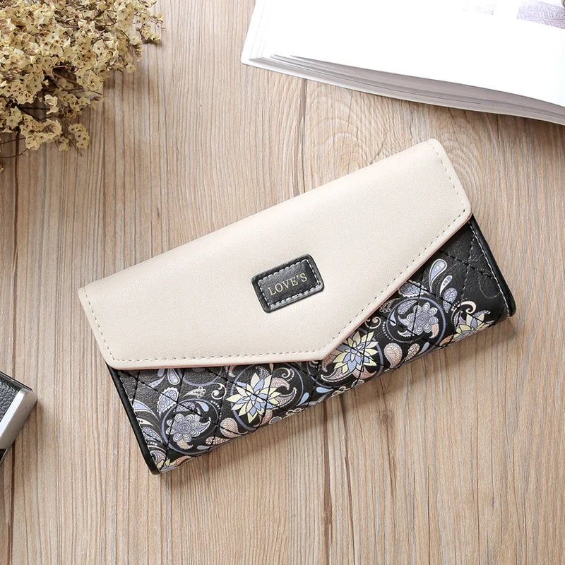 

Wristlet Fashion Envelope Women Wallet Hit Color 3Fold Flowers Printing 5Colors PU Leather Wallet Long Ladies Clutch Coin Purse