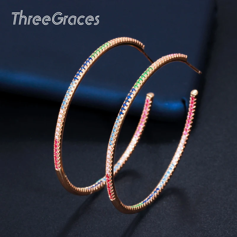 

Threegraces Fashion Colorful CZ Crystal Rainbow Thin Big Round Circle Women Gold Hoop Earrings for Dancing Party E0297