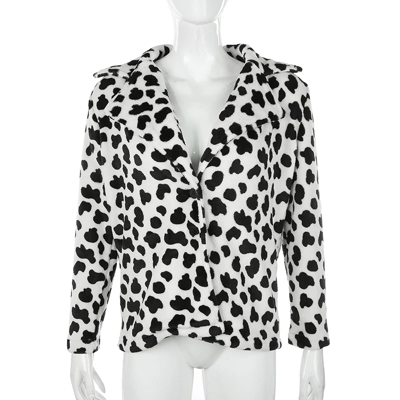 HEYounGIRL Cow Animal Printed Teddy Bear Coat Autumn Winter Fluffy Faux Fur Suit Jacket Double Breasted Overcoat Streetwear