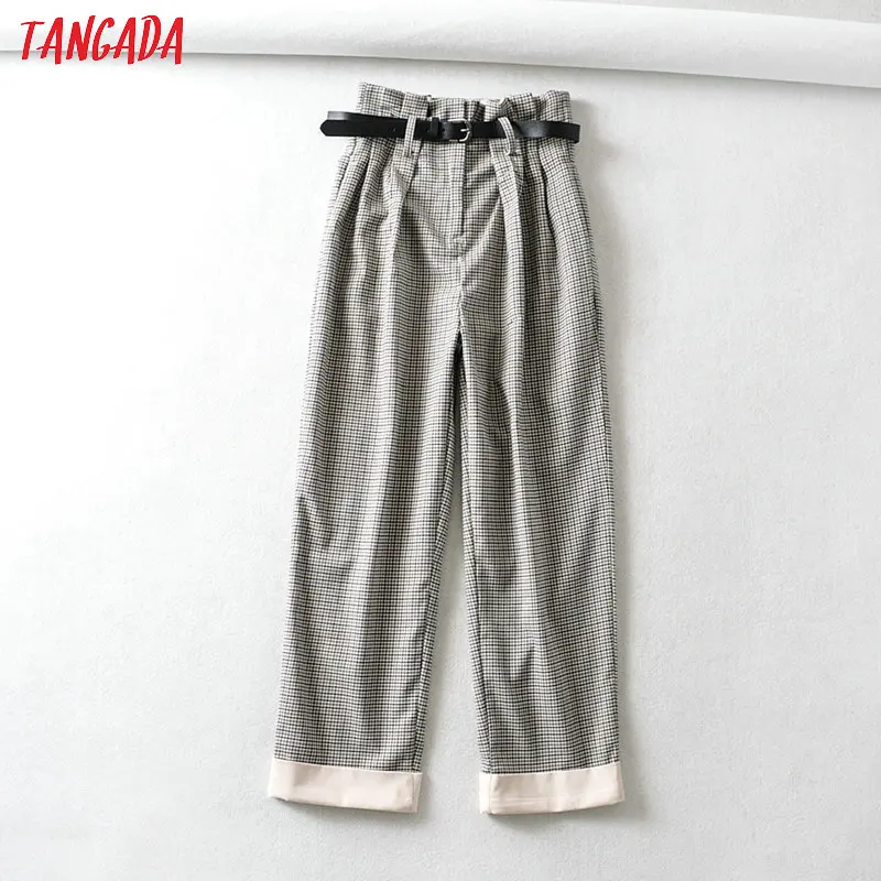 Tangada, Модный женский костюм в клетку, брюки, брюки с ремнем, на молнии, для офиса, леди, высокая талия, бумажный мешок, штаны, pantalon 6A345