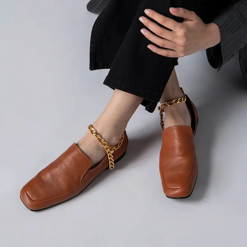 Mocassins souples avec chaînes dorées pour femme, chaussures plates à