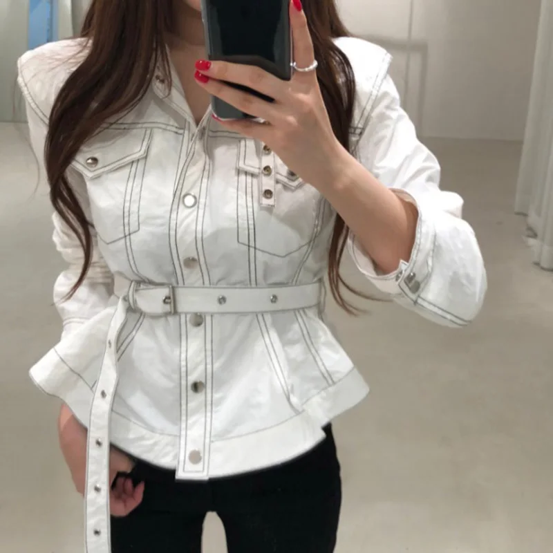 

2020 Spring New Ins Hot White Jackets Blouse and Tops with Sashes Women Jackets Coats Long Sleeve Cotton Pockets Tops SA483S30