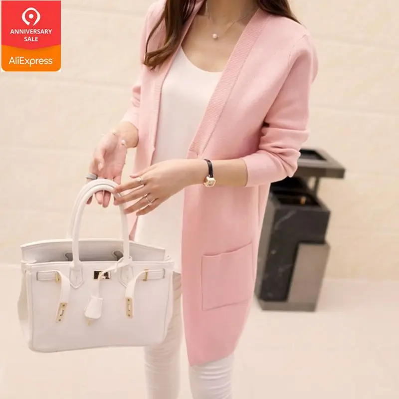 OHCLOTHING/Коллекция года, весенне-осенняя одежда длинное вязаное пальто с v-образным вырезом, куртка Повседневный Кардиган с карманами, свободный свитер, шаль для девочек