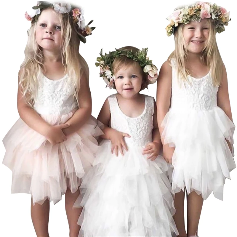 

2019 Summer Beading Girl Dress White Backless Sleeveless Girls Teenage Princess Dress Irregular Tutu Cute Pink Children Dresses