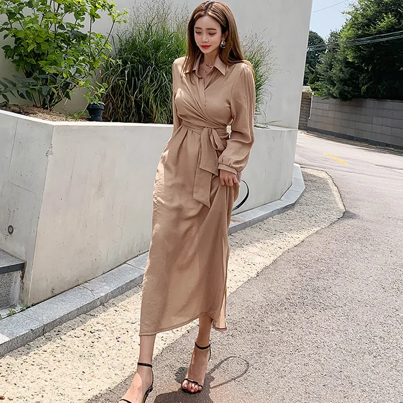 

Plus Size Autumn Winter Women Suit Casual Two Piece Set for Women Long Sleeve Blouse with Sashes and Spaghetti Strap Long Dress