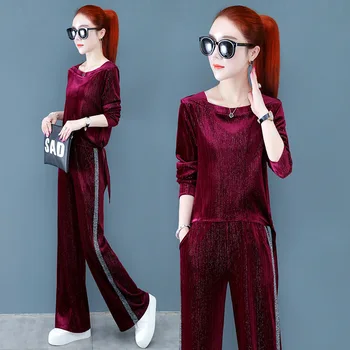 

spring Velvet Women Tracksuit Sportswear Loose Wide Leg Pant+sweatpant Running Jogger Fitness Gym Workout Casual Set Sport Suit
