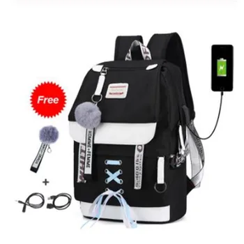 

Canvas Usb School Bags for Girls Teenagers Backpack Women Bookbags Black 2019 Large Capacity Middle High College Teen Schoolbag