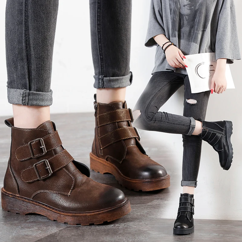 

Autumn Round Toe PU Ankle Boots Women Non-slip Martin Boots Confortable Rubber Flat Platform Boots Women Flat Shoes Woman Boots