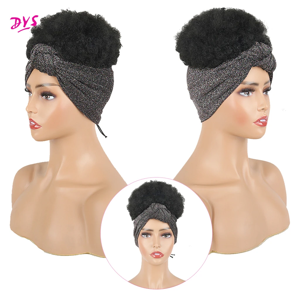 2High Puff Turban Ponytail Short Kinky Curly Headwrap Drawstring Wrap-Ponytail 2 in 1 Updo Head-Wrap Wig Turban African American